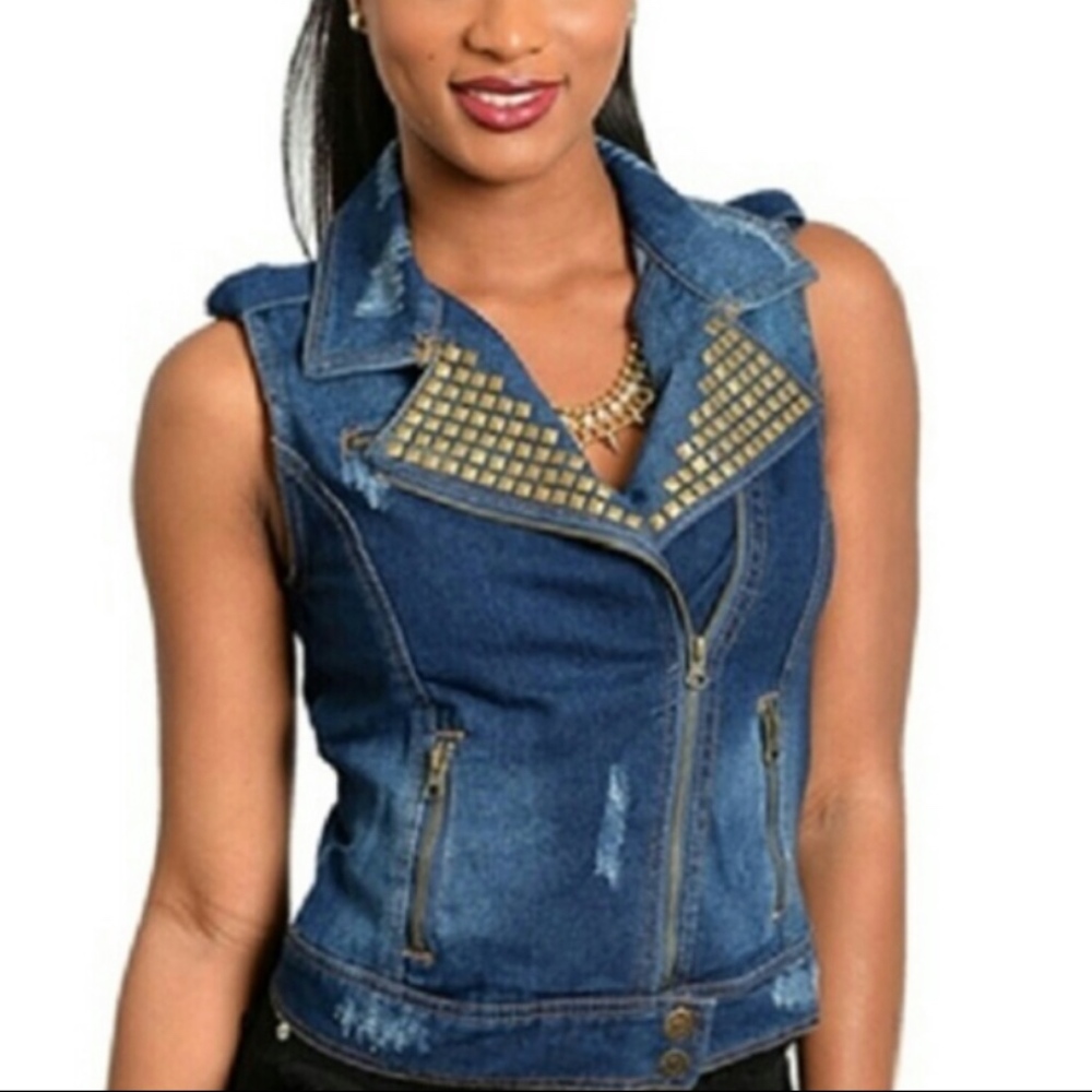 Distressed Studded Denim Vest - MAKE OFFER!